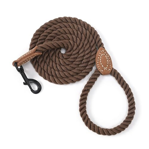Dog Leash Braided Cotton Rope with Leather (Dark Brown / 60 Inch-1/2")