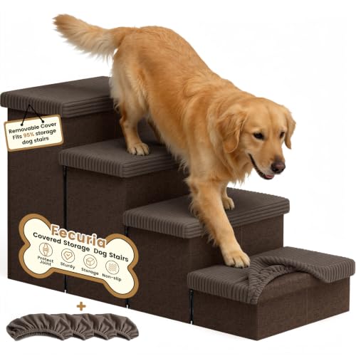 4 Step Wide Dog Stairs 23" H with Removable Cover (Covered Coffee / 40"D x 17"W x 23"H)