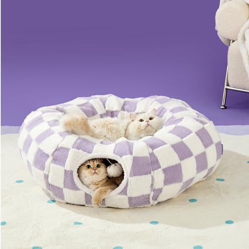 Lesure Donut Cute Jacquard Cat Tunnel Bed Kitten Toys for Puppy Bunny (Standard (33.5"L x 33.5"W x 10"H) / Lavender Checks)