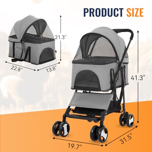 3 in 1 Multi Function Dog Jogger with Detachable Carrier (Gray / 4 Wheels)