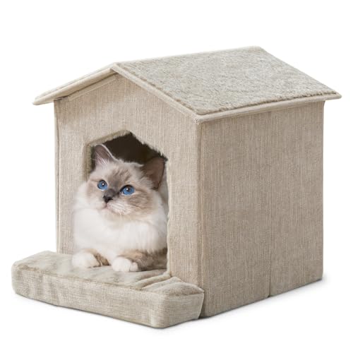 Cat Beds for Indoor Cats (Beige / 13.7"D x 13.4"W x 16"H)