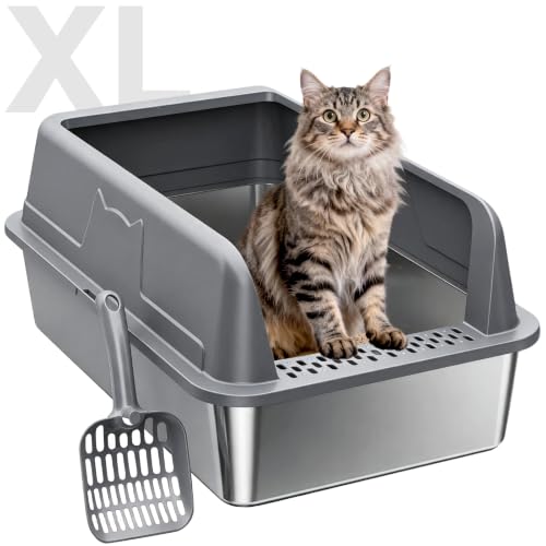 High Sided Stainless Steel XL Cat Litter Box for Cats (Dark gray XL)
