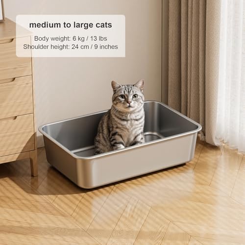 X Large High Sided Stainless Steel Cat Litter Box (23.62"L x 15.75"W x 5.91"H)