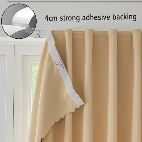 Magic Tape Stick on Curtains Blackout Curtains for Bedroom no Drillng Self Adhesive Curtain no Rod Small Window (Beige / 59"W x 98"L (Pack of 2))