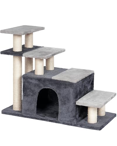 4 Tier Cat Stairs for High Bed with 22'' Cat Scratching Post (Extra Large-Gray)
