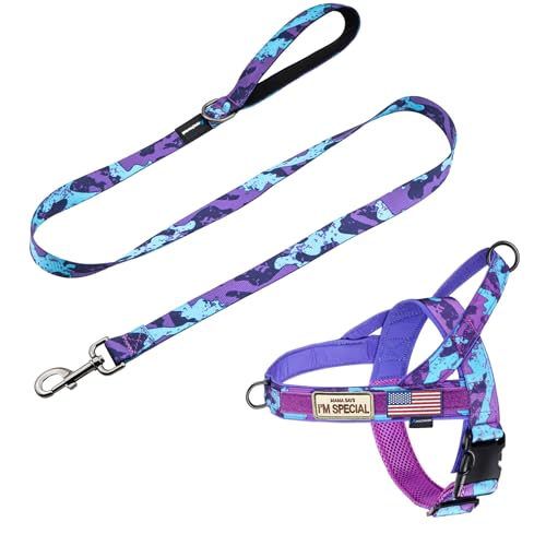 No Pull Dog Harness with Padded Handle+5 Ft Leash (L / Camo Purple Set)