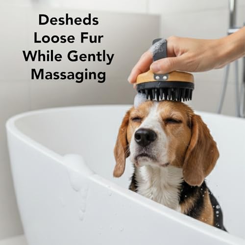 Bath Brush Dog Brush with Silicone Teeth & Bamboo Base to Release Debris & Undercoat