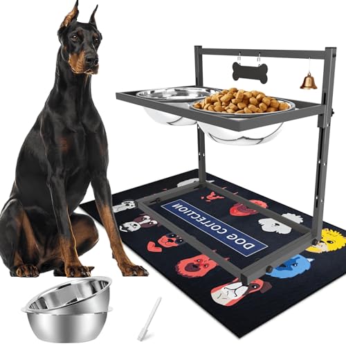 Elevated Dog Bowls for Large Dogs and Extra Large Sized Dog Raised Dog Bowl Stand Adjustable Height with Two 3000ML (Grey - 106oz Bowl & Mat / X-Large Dogs)