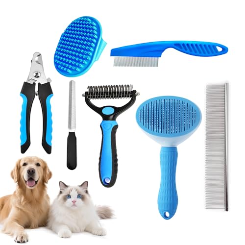 7PCS Dog Grooming Brush Kit for Shedding and Matted Fur (Blue)