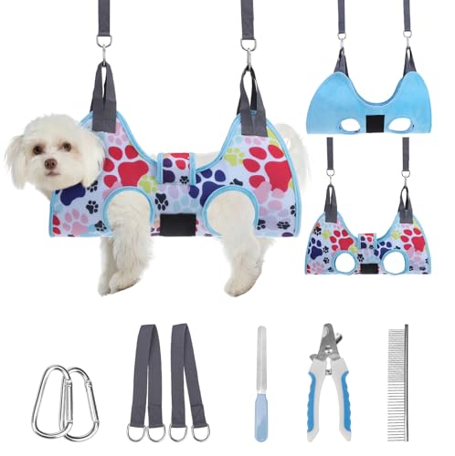 Dog Grooming Hammock Harness for Dogs & Cats with Pet Nail Clipper Trimmer (XS / Blue)