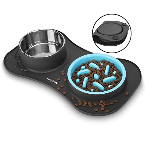 Slow Feeder Dog Bowls 3 in 1 Stainless Steel Food Water Bowl to Slow Eating (Small ＆ Medium Breed / Dark Grey)