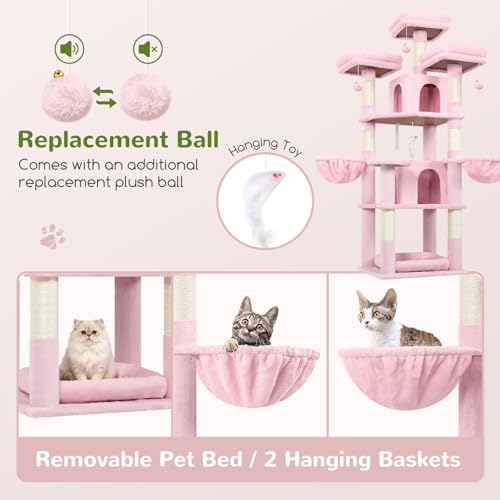 Big XL Cat Tower for Indoor Multiple Cats (Pink / 68 inch)
