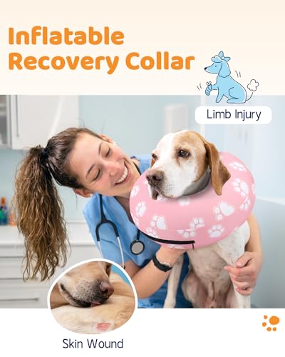 Inflatable Dog Cone Collar Alternative After Surgery (T Paw Pink / S(Neck 7"-9.5"))