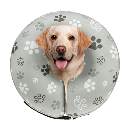 Dog Cone Alternative After Surgery Donut Collar Soft (Grey Footprints / L(Neck 16"-18"))
