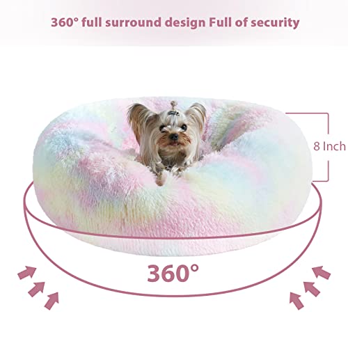 Large Round Calming Dog Bed Cat Bed for Comfy Sleep (36"L x 36"W x 10"Th / Rainbow)