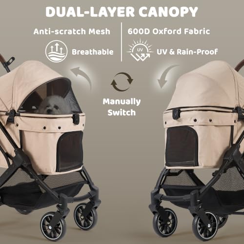 Dog Stroller for Small to Medium Dogs with Detachable Carrier (Vanilla Beige)