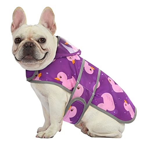 Clear Hooded Dog Raincoat Jacket Poncho with Dog Leash Hole Pr Duck M (Medium / Ducks Purple)