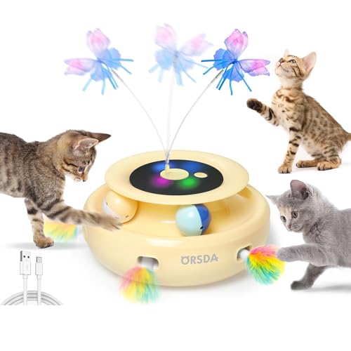 Cat Toy, 3-in-1 Automatic Interactive Electronic Moving Ambush Feather, Fluttering Butterfly, Track Balls, USB Rechargeable Powered Smart Indoor Exercise Kicker (Yellow)