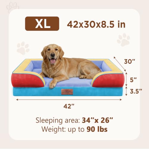 Orthopedic Dog Bed for Extra Large Dogs with Bolster (42.0"L x 30.0"W x 8.5"Th / Funfetti Fiesta)