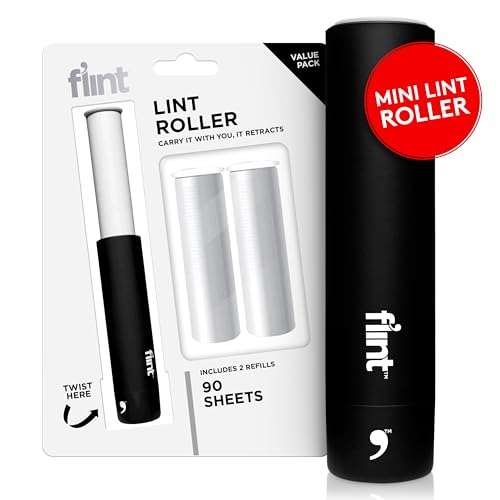 Classic Black Retractable Mini Lint Roller with 90 Extra Sticky Sheets (Black)