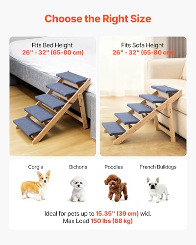 Wood Pet Stairs (Wood Color+Blue / 5-Step Foldable)