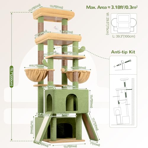 Z78 Heavy Duty Cactus Cat Tree for 20lbs Large Adult Cats (Green / 78 inch)