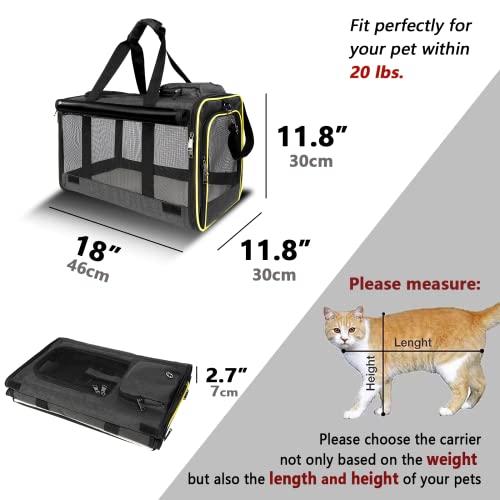 Cat Carrier for Large Cats 20 lbs+ Soft Pet Kennel Bag for Small Dog (Black-Yellow / 18.1"L x 11.8"W x 11.8"H)