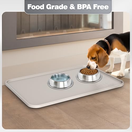 Silicone Dog Cat Food Mat Extra Thick Raised Edge (Beige Gray / 20"L x 14"W)