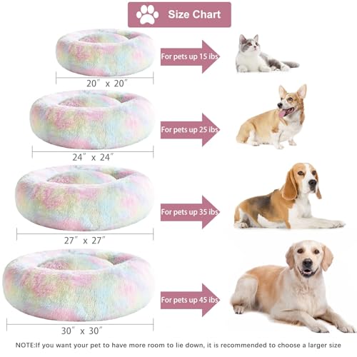 Large Round Calming Dog Bed Cat Bed for Comfy Sleep (45"L x 45"W x10"Th / Rainbow)