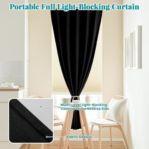 100% Blackout Self Adhesive Portable Curtains for Bedroom Easy to Install Window Thermal Lnsulated Kitchen Room Darkening Small Window Curtains (35"W x 80"L (Pack of 1) / Black)