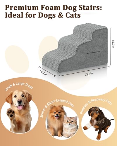 Dog Stairs for Bed & Couch (Grey / 3-Step 15.7"H)