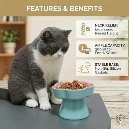 Elevated Ceramic Slow Feeder Cat Bowl (Blue/Pink)