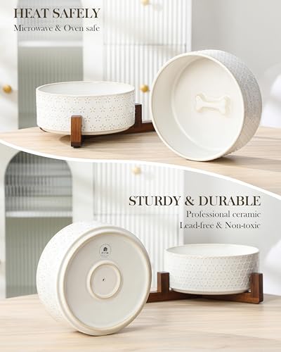 Dog Bowl Set Ceramic Bowls with Walnut Wood Stand (Five-leaf Grass+Honeycomb / 6 Cups)