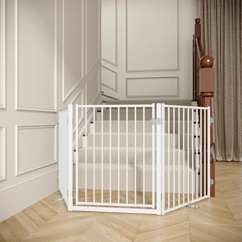 Freestanding Dog Gate with Door for Indoor & Outdoor (White / 【3 Panels with Door】78"W×30"H)