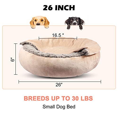 Dog Beds for Small Medium Dogs with Hooded Blanket (Medium (26"x26"x6") / Beige Brown)