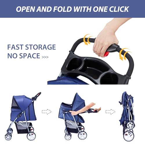 Foldable 4 Wheel Pet Stroller for Dogs Cats 10 (Navy Blue)
