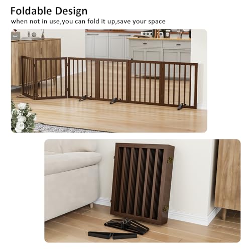 Wooden Dog Gate Freestanding Foldable 6 Panel Pet Gates Extra Wide Dog Gates for Indoor Doorways Stairs 24in Height Support Feet Included (Dark Brown / 6 Panel - 110 inches Wide)