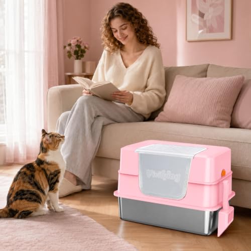 XL Enclosed Stainless Steel Cat Litter Box with Lid (Pink)