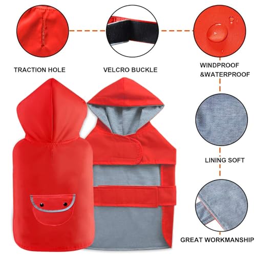 Dog Raincoat Dogs Rain Jacket Reflective Poncho Rainwear Waterproof Pet Clothes Breathable Lined Pocket Hooded Leash Hole Adjustable for Puppy Small Dogs (Red / M:Back Length 10.5")