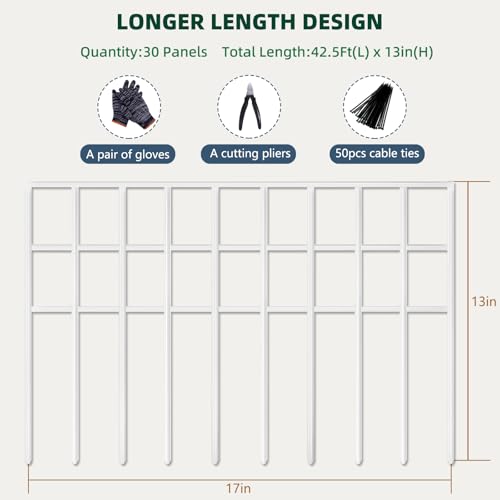 42.5ft(L) x 13in(H) Animal Barrier Fence, 30 Panels No Dig Garden Fence for Dog Rabbit, Rustproof Anti Digging Barrier, Garden Edging Border Ground Defense for Outdoor, Yard, Patio, White (White / 30 Panels, 42.5ft(L) x 13in(H))