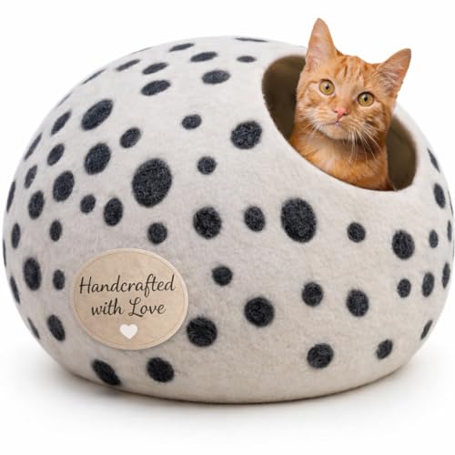 Luxurious Merino Wool Cat Cave (White Polka)