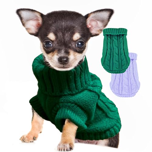 2 Pack Small Dog Sweaters Dog Christmas Sweater Turtleneck Knit Winter Warm Pullover Clothing Pet Cat Cold Weather Outfits for Small Dogs (Large / Green-Purple)