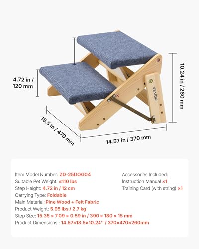 Wood Pet Stairs (Wood Color+Blue / 2-Step Foldable)