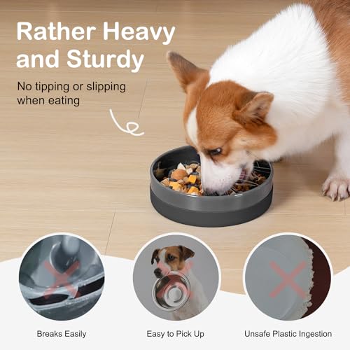 Ceramic Slow Feeder Dog Bowls with Silicone Base (Medium-8 inches / Grey)