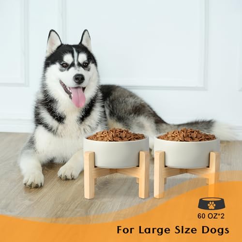 Ceramic Elevated Dog Bowls 2 Pack (Large - 7.6 CUPS*2 / Grey)