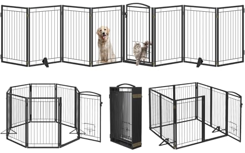 Full Metal Freestanding Dog Gate with Cat Door for Indoor & Outdoor (Black / 【8 Panels with Door】160"W×32"H)