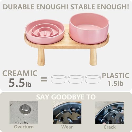 Ceramic Slow Feeder and Water Bowl Set for Small Dogs (Pink / 6" D)