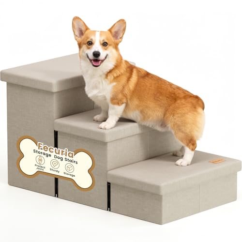 3 Step Wide Dog Stairs with Hidden Storage 18" H (Beige / 30"D x 17"W x 17.7"H)