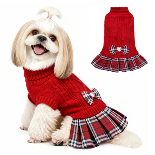 Small Dog Sweater Dress with Bowtie Turtleneck (Small (5-8lbs) / Red)