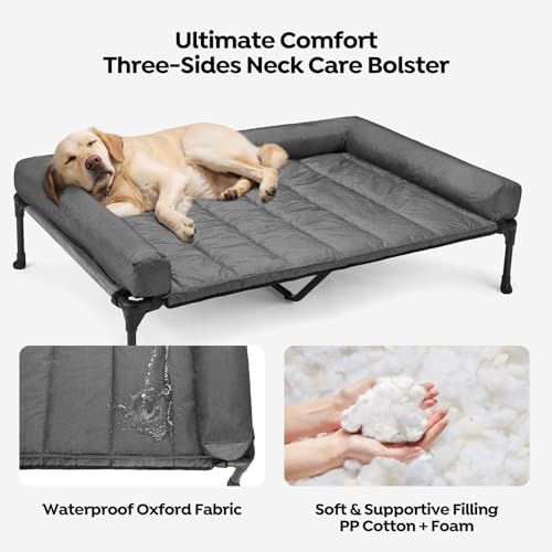Outdoor Elevated Dog Bed with Waterproof Bolster Cushion (Black Silver / 49.0"L x 33.0"W x 9.0"Th)